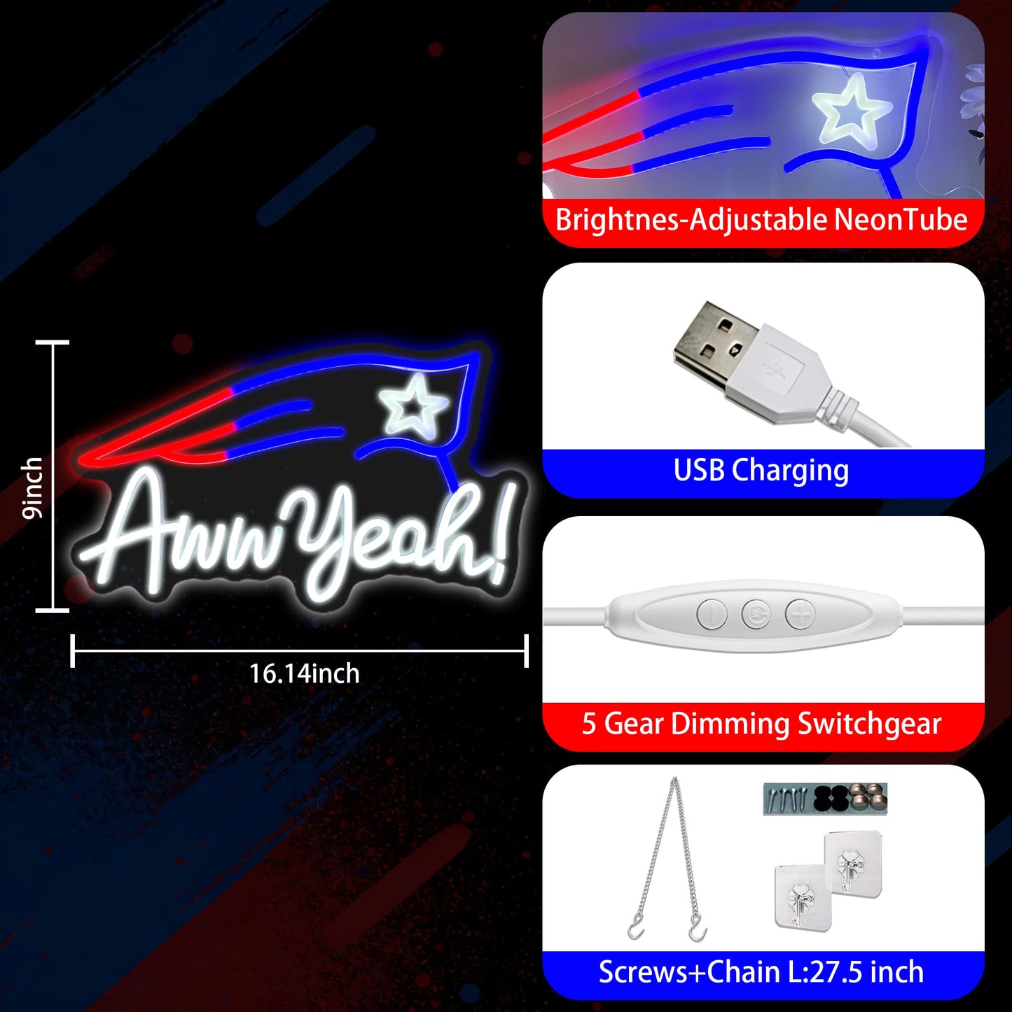Football Team Neon Sign, Cool Dimmable Light Up Led Aww Yeah Football Sign Merch Logo Hanging USB Powered for Wall Decor, Man Cave, Bedroom, Game Room Deco, Birthday Christmas Gift for Kids Boys Fans (Petriots)