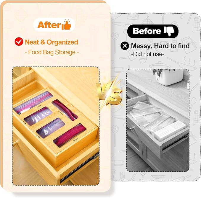 Bag Storage Organizer Compatible with Ziploc | Gallon, Quart, Sandwich & Snack Sized Slider Bags,Bamboo Organizer For Drawer,13.7"L*11.8H"*3.1W"