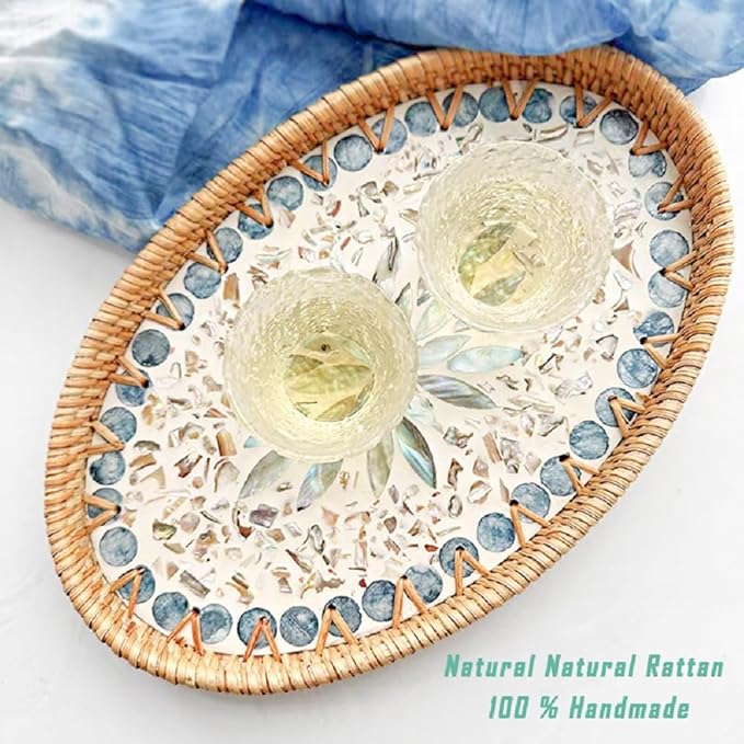 14.5 Inch Serving Tray for Coffee Table Ottoman Décor Tray for Living Room Mother of Pearl Inlay Rattan Centerpiece Tray for Candle Holder, Flower, Coffee, Bread, Fruit (Large)