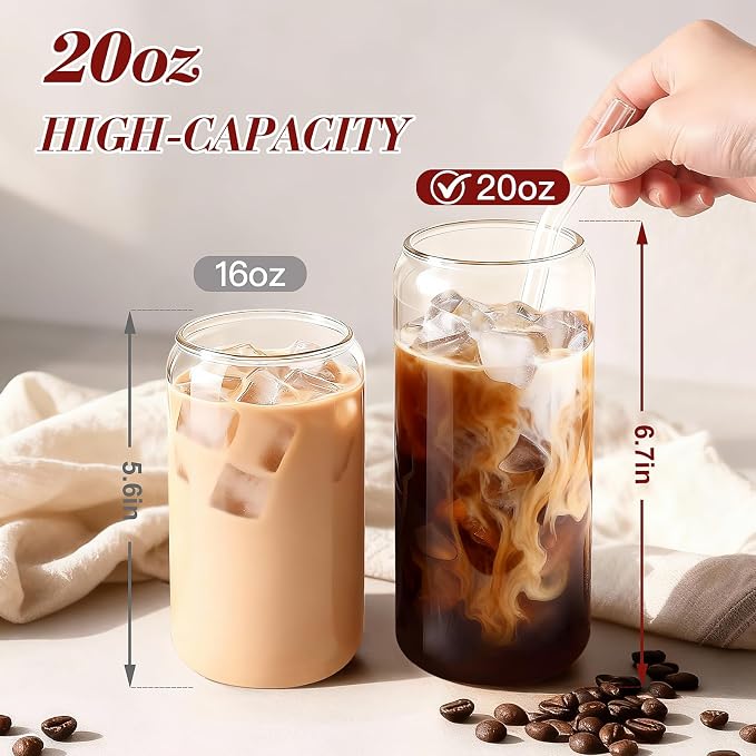 Iced Coffee Cups with Lids 2 pcs: 20 oz Glass Cups with Lids and Straws as Coffee Bar Accessories - Beer Drinking Glasses - Reusable Glass Tumbler,Cute Coffee Cups for Coffee,Juice,Gifts