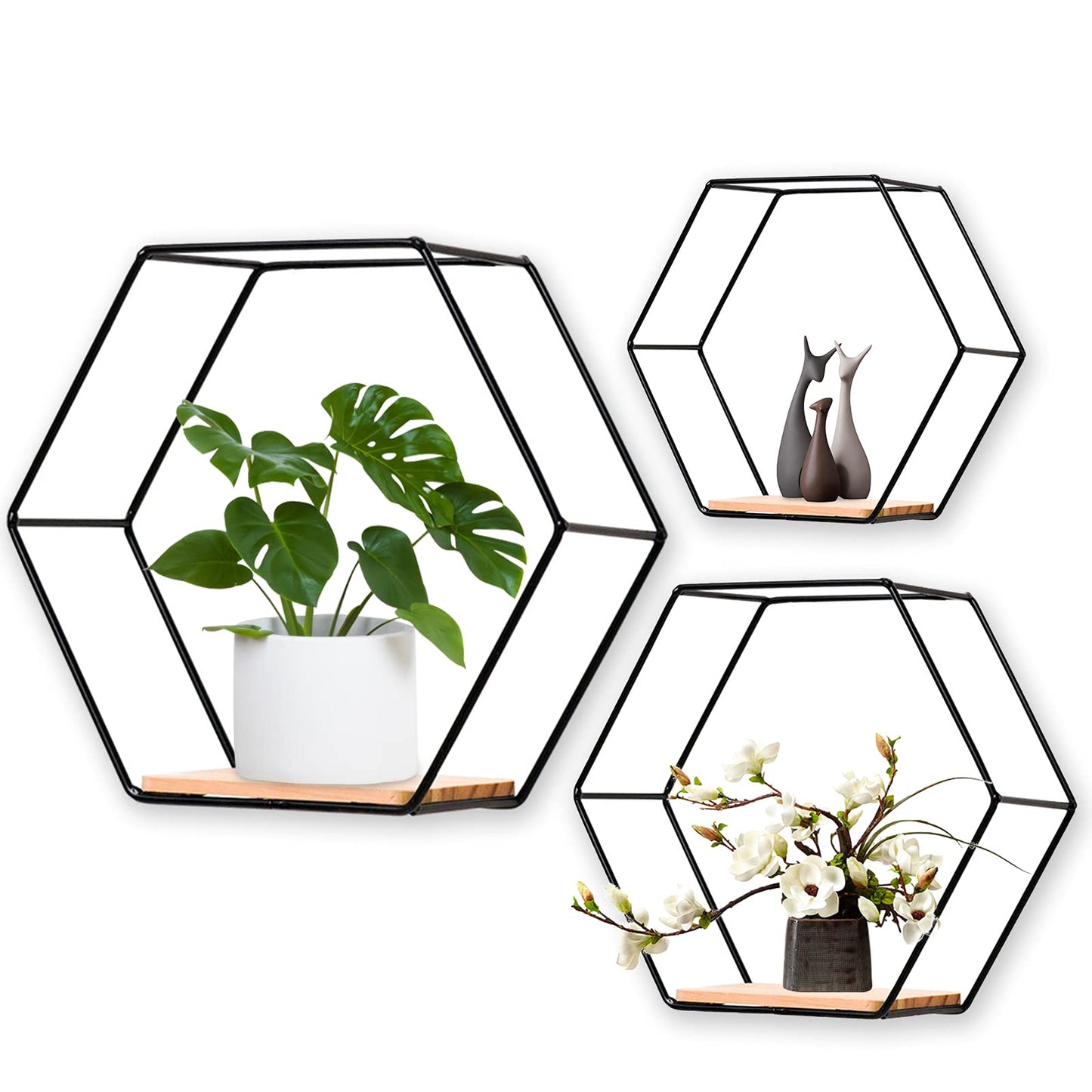 Wall Mounted Hexagonal Floating Shelves Black Set of 3 in Different Sizes, Modern Metal Wall Shelf, Simple Wood Partition Storage Shelves, Wall Decor Rack for Bedroom, Living Room, Kitchen and Office