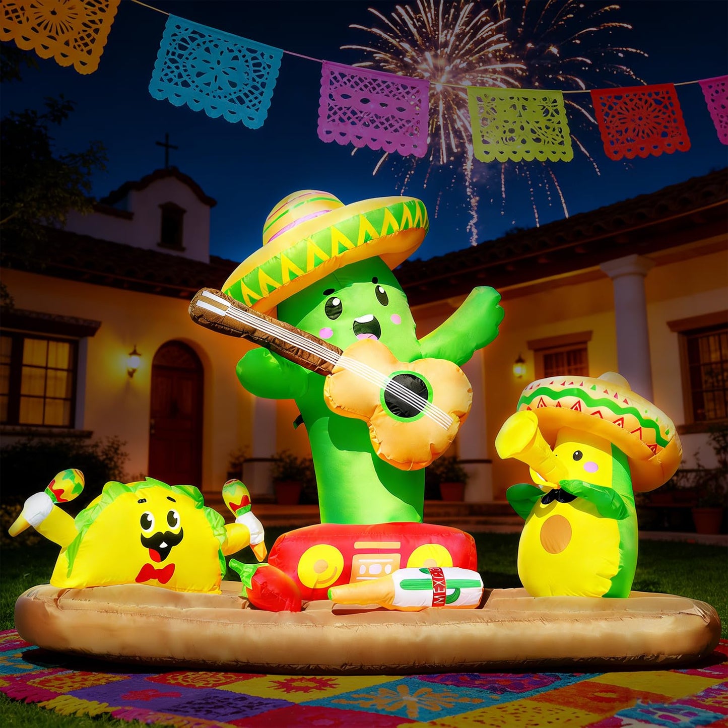 DomKom 6FT Cinco De Mayo Inflatables Fiesta Party, Blow up Outdoor Decorations Cactus Avocado Taco Mexican Party May 5 Sombreros Built-in LEDs Light Fiesta Maracas for Garden Lawn Yard