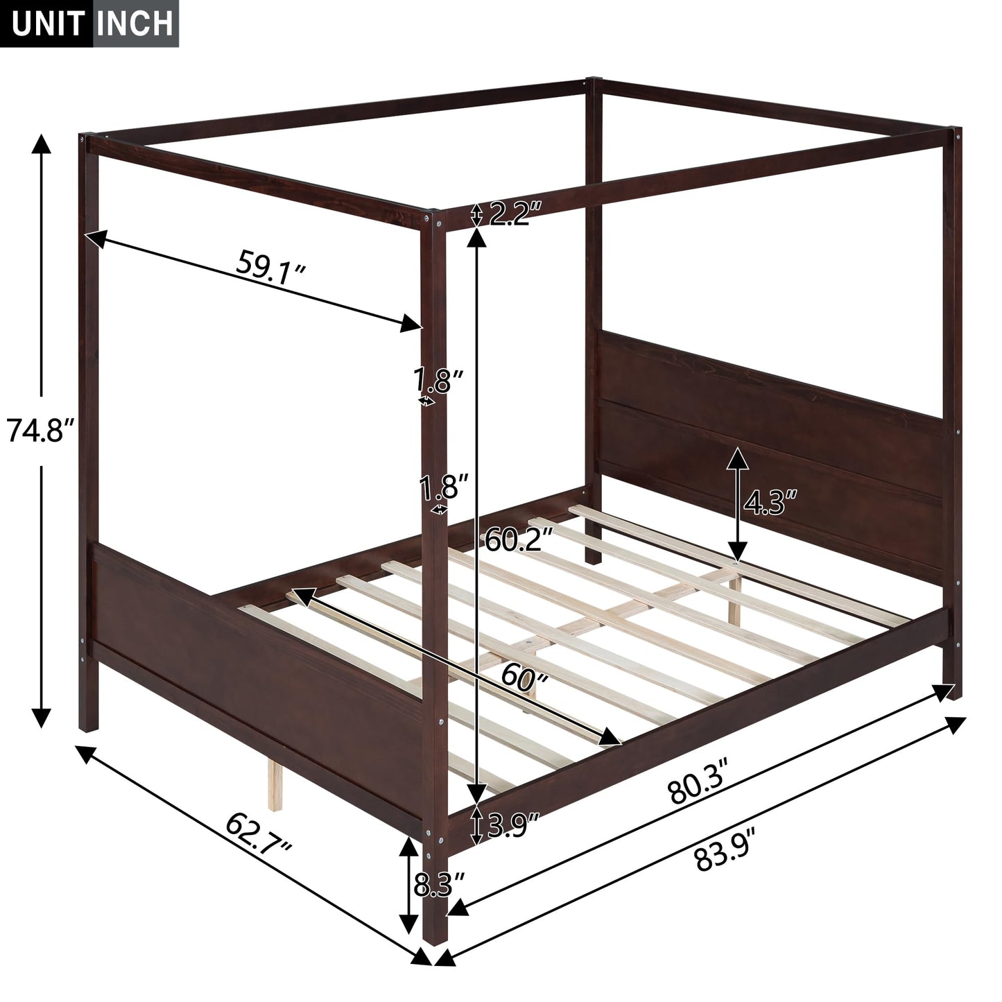GDFStudio Queen Size Canopy Bed Frame, Wood Platform Canopy Bed Queen with Headboard and Footboard, Four Poster Canopy Bed Frame with Slat Support, No Box Spring Needed, Easy Assembly, Espresso