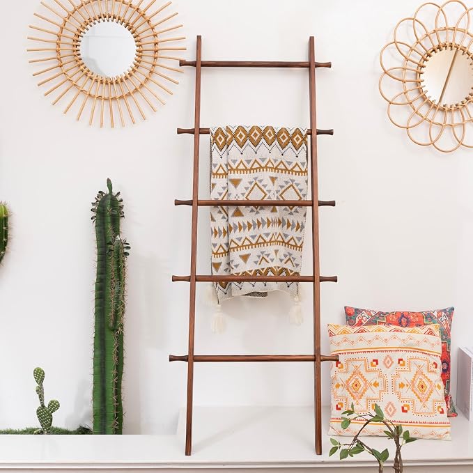 Blanket Ladder, 5-Tier Wooden Quilt Stand, Decorative Ladder Shelf, Farmhouse Ladder Blanket Holder, Wall Leaning Towel Storage Rack for Living Room, Brown