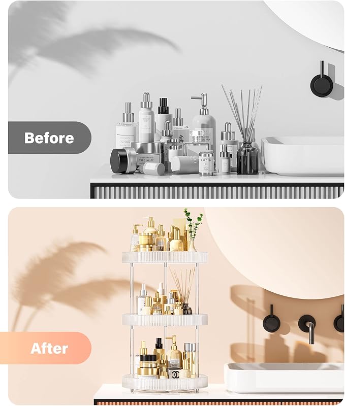 3 Tier Lazy Susan Bathroom Countertop Organizer, 360° Clear Rotating Makeup Cosmetic Perfume Storage Tray, Spinning Vanity Organizer Shelf for Bathroom Cabinet, Dresser, Kitchen(Large)