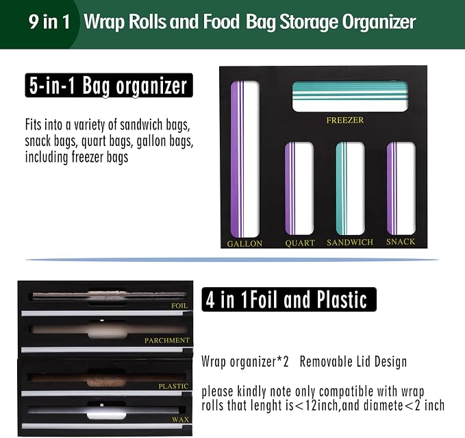 9 In 1 Storage Bag Organizer And Plastic Wrap Dispenser With Cutter, Bamboo Foil and Plastic Wrap Organizer
