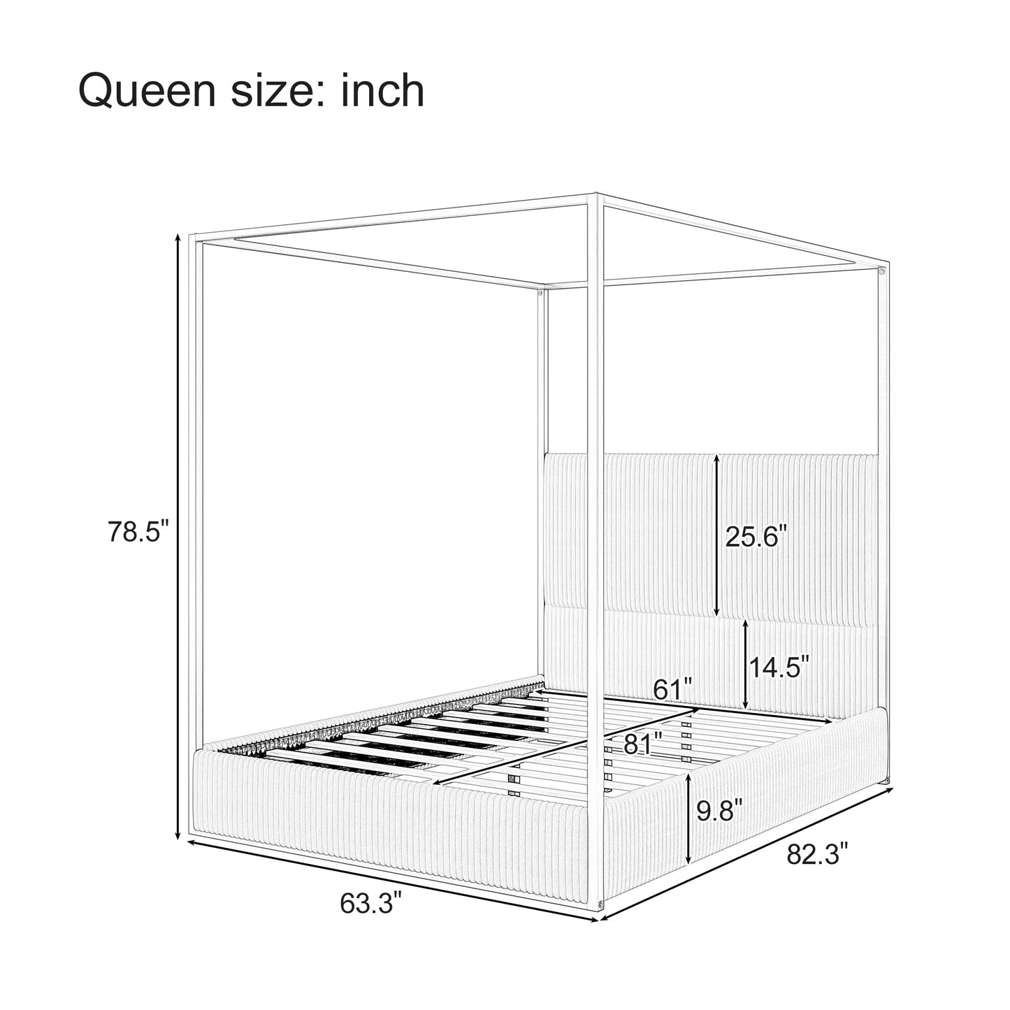 LUMISOL Queen Size Upholstered Canopy Bed, Metal 4 Poster Bed with Tall Corduroy Headboard, Gold Canopy 4 Poster Bed Frame with Headboard for Kids Teens Adults, No Box Spring Needed, Beige