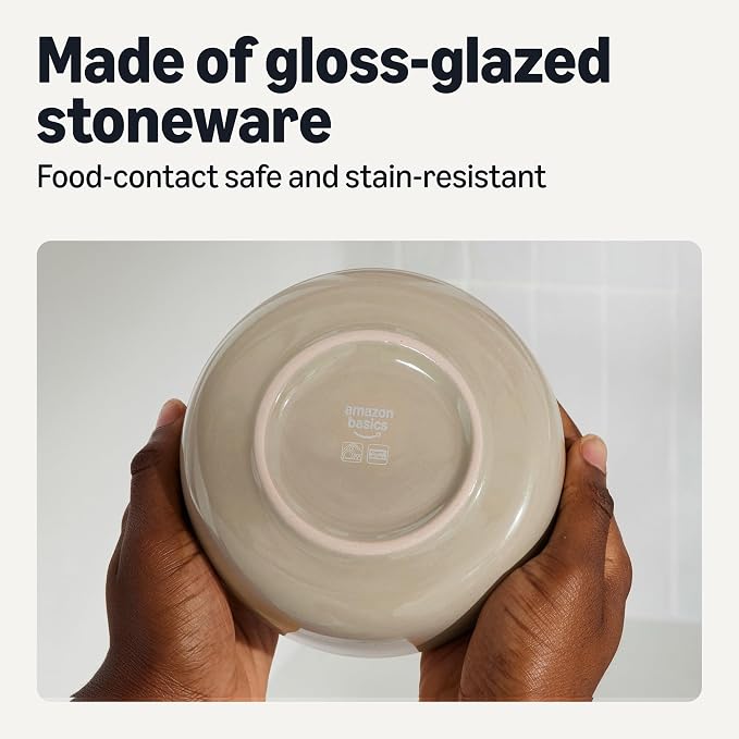 Amazon Basics Glazed Stoneware Bowls, 4-Piece Set, Microwave and Dishwasher-Safe, 5.5 in., Linen Gray