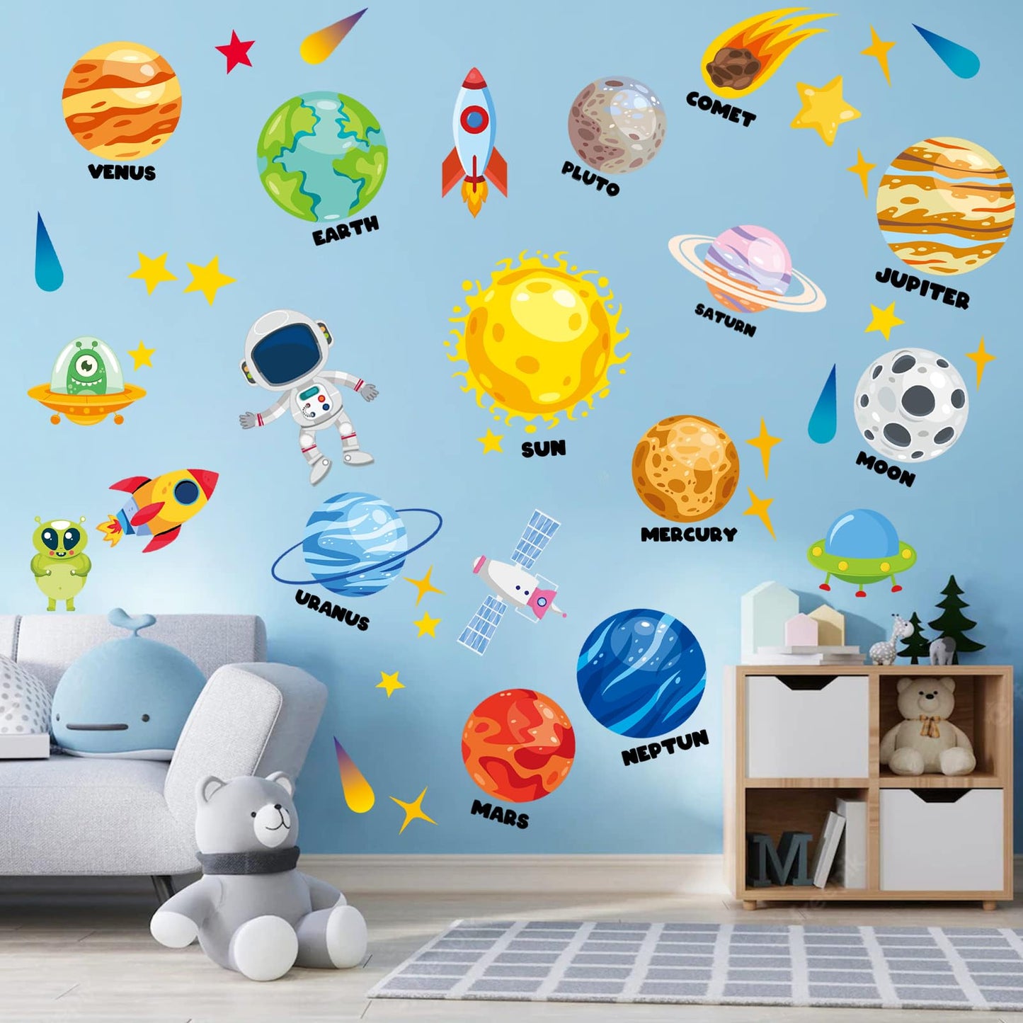 Outer Space Wall Decals - 4 Sheets 58 Pcs Large Space Planets Rocket Astronaut Wall Stickers Peel and Stick Removable Wall Decors for Kids Baby Bedroom Boys Room Nursery Playroom Classroom