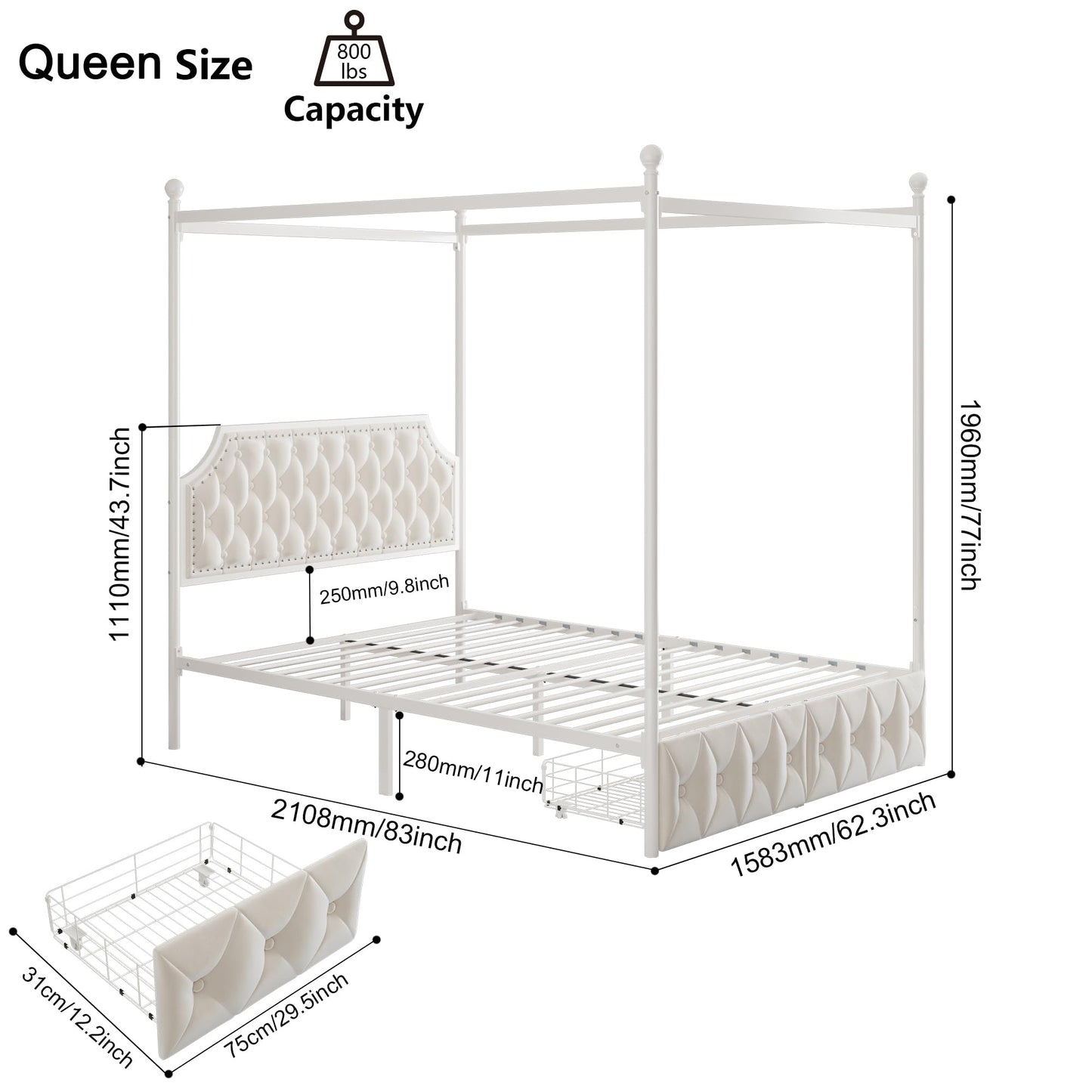Keyluv Queen Upholstered Canopy Bed Frame with 2 Storage Drawers & Button Tufted Headboard, Metal Platform Bed with 4 Removable Posts, Two-Purpose Velvet Bed, Beige/Curtain Not Included