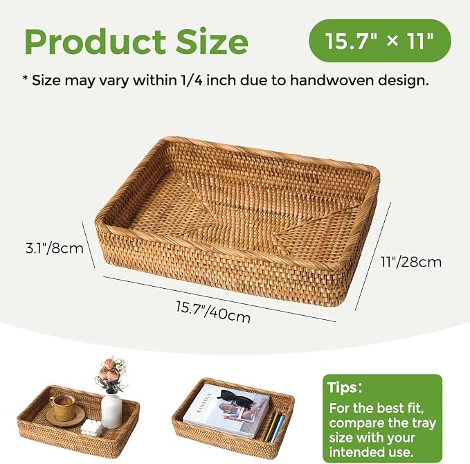 Wicker Storage Tray, Rattan Basket Rectangular for Bathroom Living Room, Decorative Serving Woven Trays Wicker Baskets for Organizing Home Decor L(15.7" × 11")