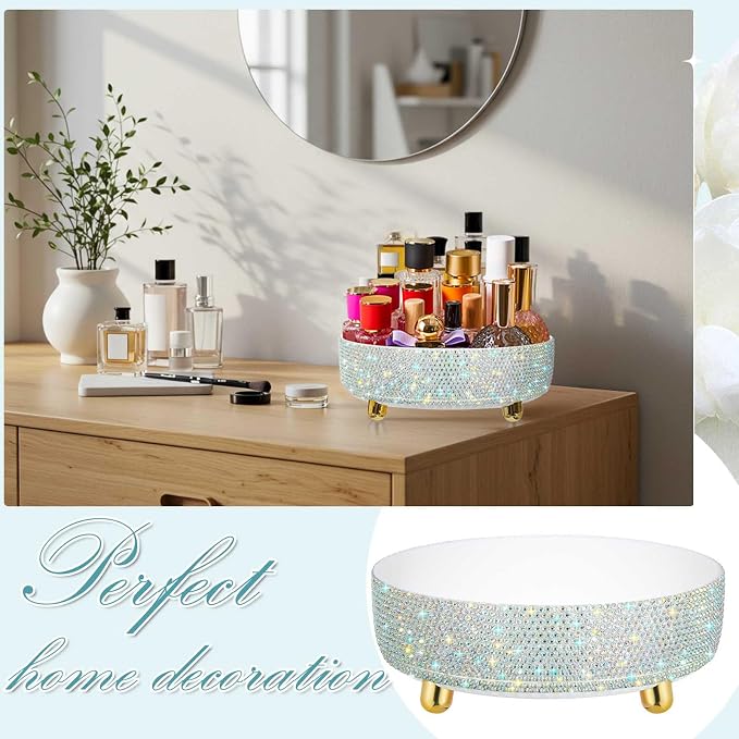Honeydak 360 Rotating Perfume Organizer Gift for Women, Rhinestone Preppy Skincare Organizer Bathroom Counter Makeup Holder Skincare and Perfume Storage for Cosmetic(1 Tier,Resin Diamond,AB Color)