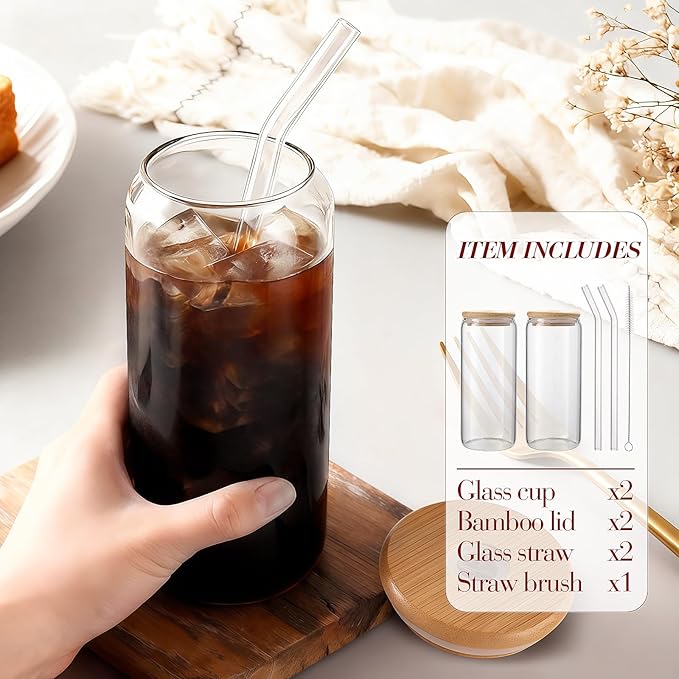 Iced Coffee Cups with Lids 2 pcs: 20 oz Glass Cups with Lids and Straws as Coffee Bar Accessories - Beer Drinking Glasses - Reusable Glass Tumbler,Cute Coffee Cups for Coffee,Juice,Gifts