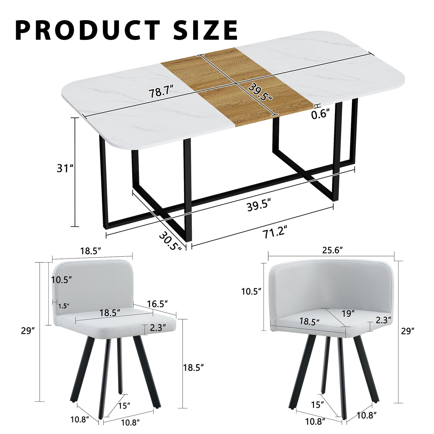 KEIKI 79" Dining Table Set for 8, Rectangular Kitchen Table Set with White Faux Marble & Wood Grain Top, Modern Dining Room Set with 8 Gray PU Leather Chairs, Large Family Dining Table Furniture