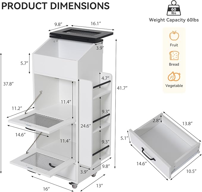 Verano Garden Potato and Onion Storage Bin on Wheels, Wood Bread Box with Lid & Mesh Doors, 4-Tier Rolling Fruit and Vegetable Storage Organizer w/Drawer & Side Rack for Kitchen (White, 16.0")