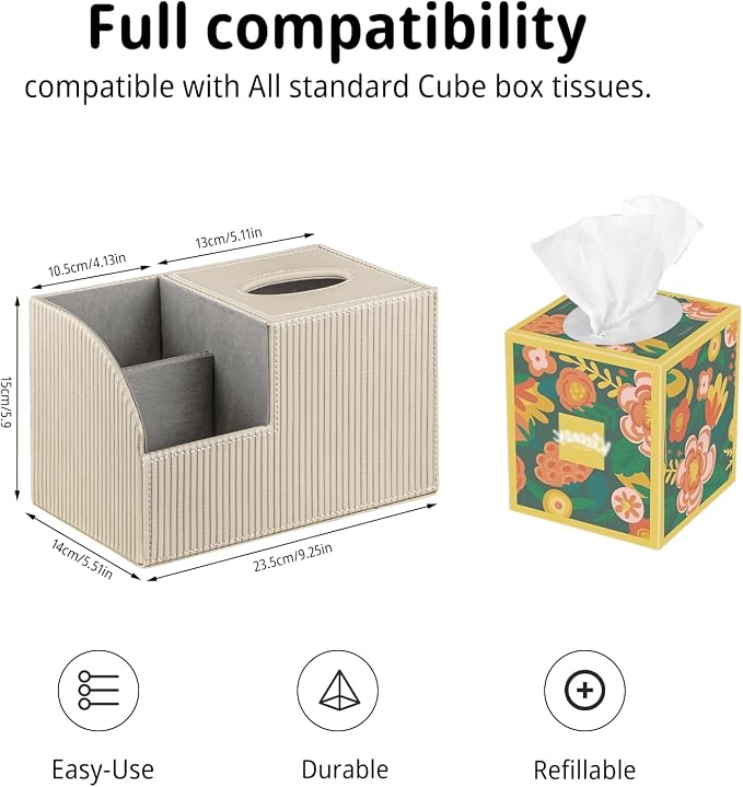 PU Leather Square Tissue Box Cover - Multi-Functional Tissue Box Holder, Tissue Box Cover with Storage,Tissue and Remote Control Holder, Cube Tissue Box Organizer Bedroom Nightstand End Table