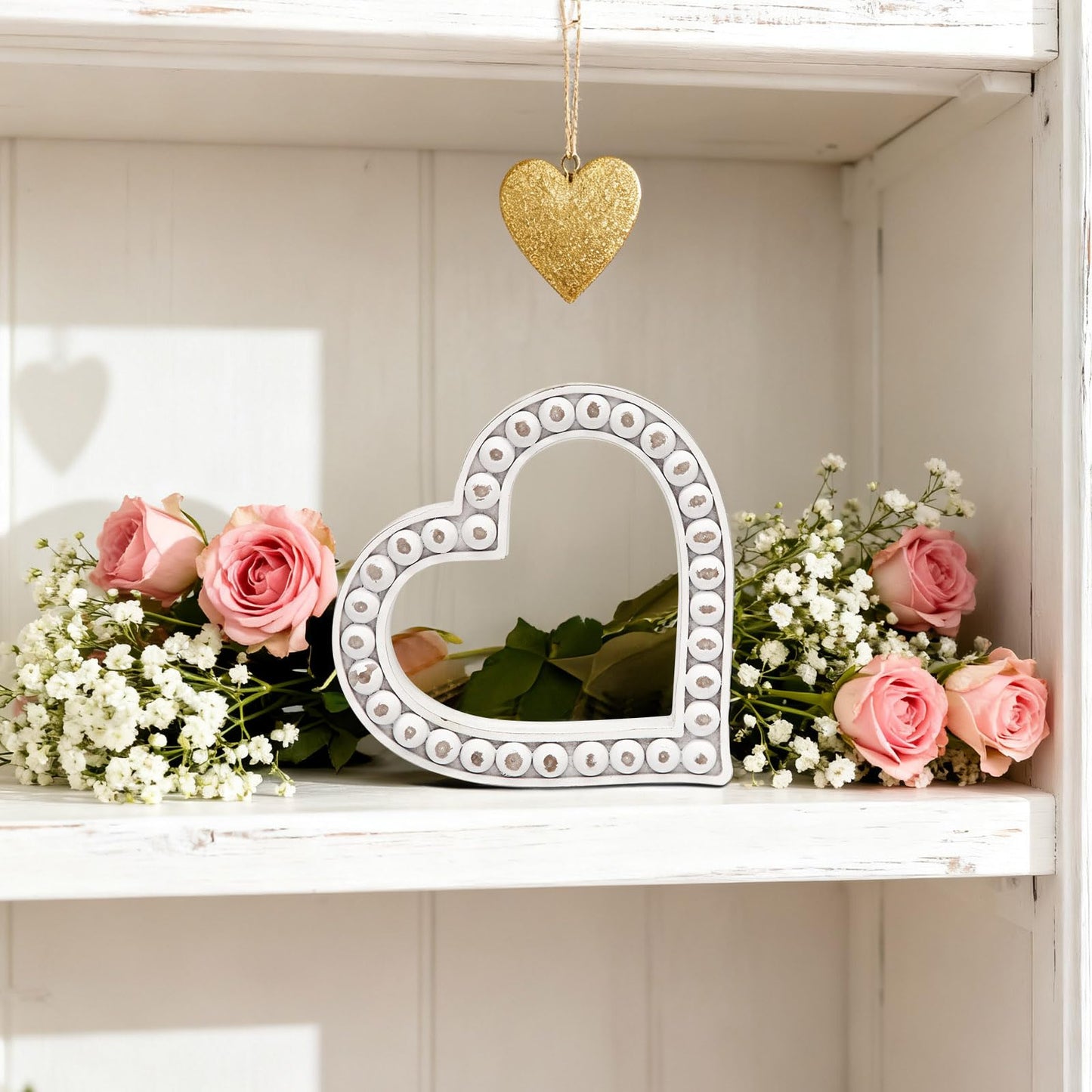 JUMBO DECOR Rustic Wooden Heart Table Decorations Sign with Beaded Design, Farmhouse Freestanding White Heart Shaped Home Family Table Decorations, Wedding Valentines Day Decor Mother's Day Gift