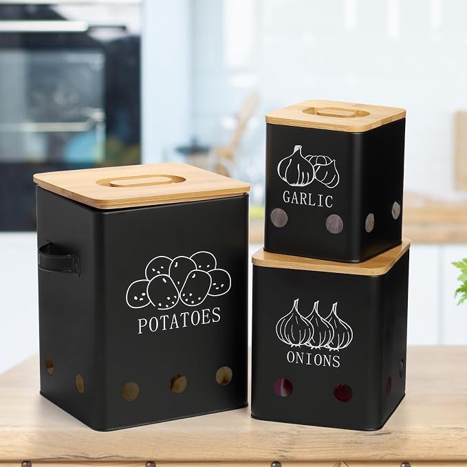 WUWEOT 3 Pack Vegetable Storage Tins, Potato Onion Garlic Storage Canister, Black Metal Vegetable Fresh Keeper Caddy, Kitchen Pantry Organizer Jars with Bamboo Lid and Aerating Holes