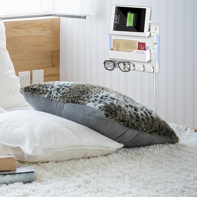YONGAIJIA Bedside Wall Mount Shelf, Adhesive Bedside Organizer for Remote、Phone、Glasses. Bedside Accessories Storage Suitable for College Dorm 、bunk Bed 、 Bedroom、Rv（White）