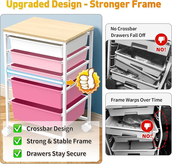 SUNALLY Rolling Storage Utility Cart With 5 Drawers, 5 Tier Rolling Cart with Wooden Tabletop and 2 Lockable Wheels, Storage Drawer Cart for Craft Art Supply Storage & Home Office Organization, Pink