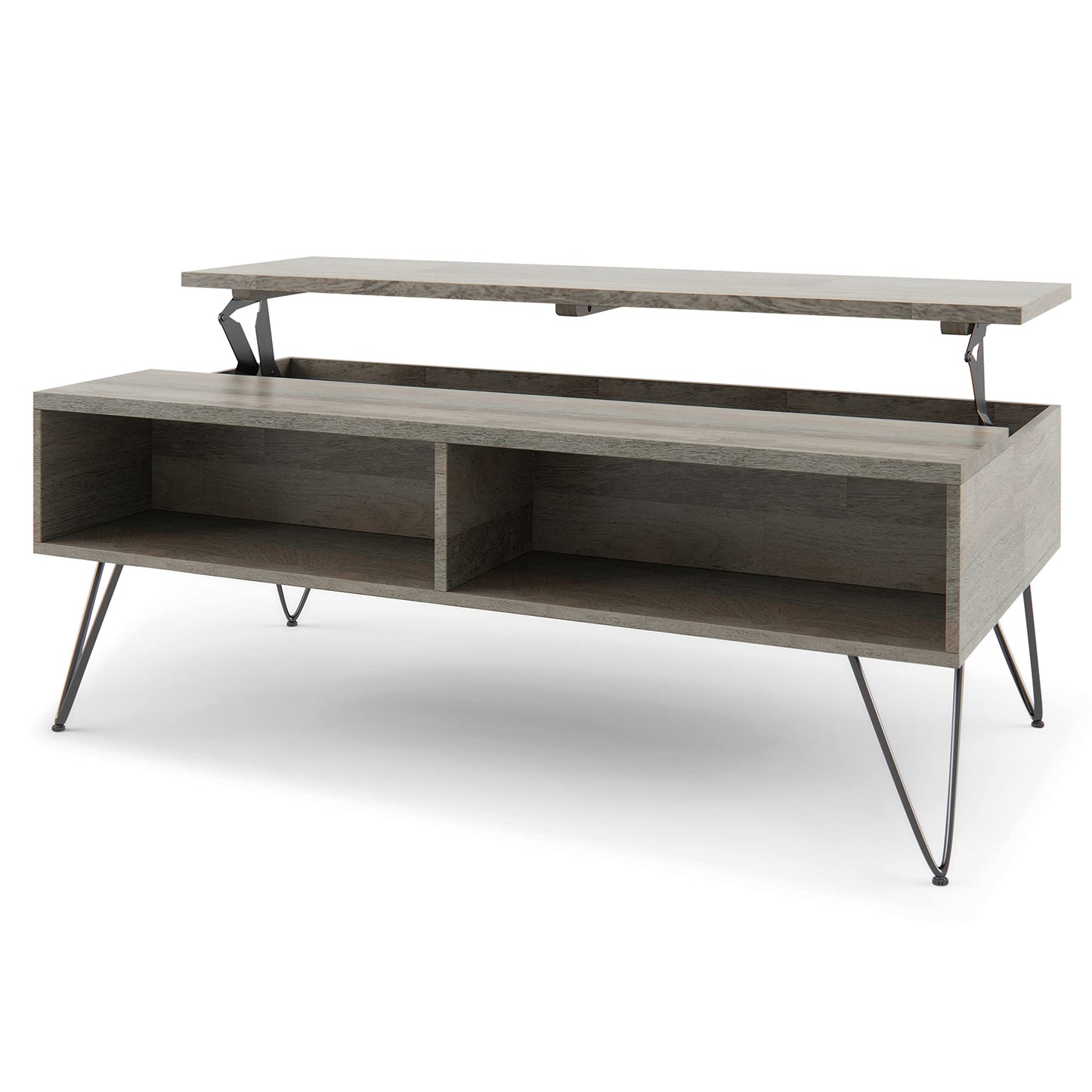 SIMPLIHOME Hunter SOLID MANGO WOOD and Metal 48 inch Wide Rectangle Industrial Lift Top Coffee Table in Grey for the Living Room and Family Room