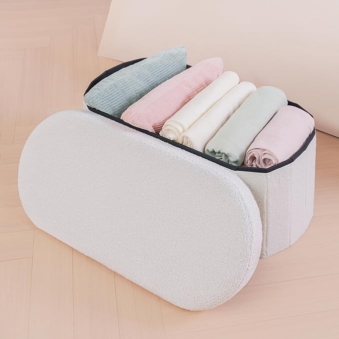 B FSOBEIIALEO Ottoman with Storage for Living Room, Sherpa Folding Storage Ottoman Foot Rest, 30 Inches Collapsible Bedroom Bench White Cream