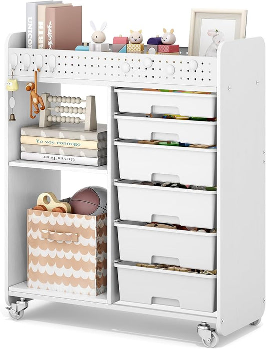 Rolling Storage Cart with Top Pegboard and 6 Drawers, Mobile Utility Cart on Wheels with Locking Brakes, Craft Organizer Lateral File Cabinet for Home, Office and Craft Room – Wood Frame(White)