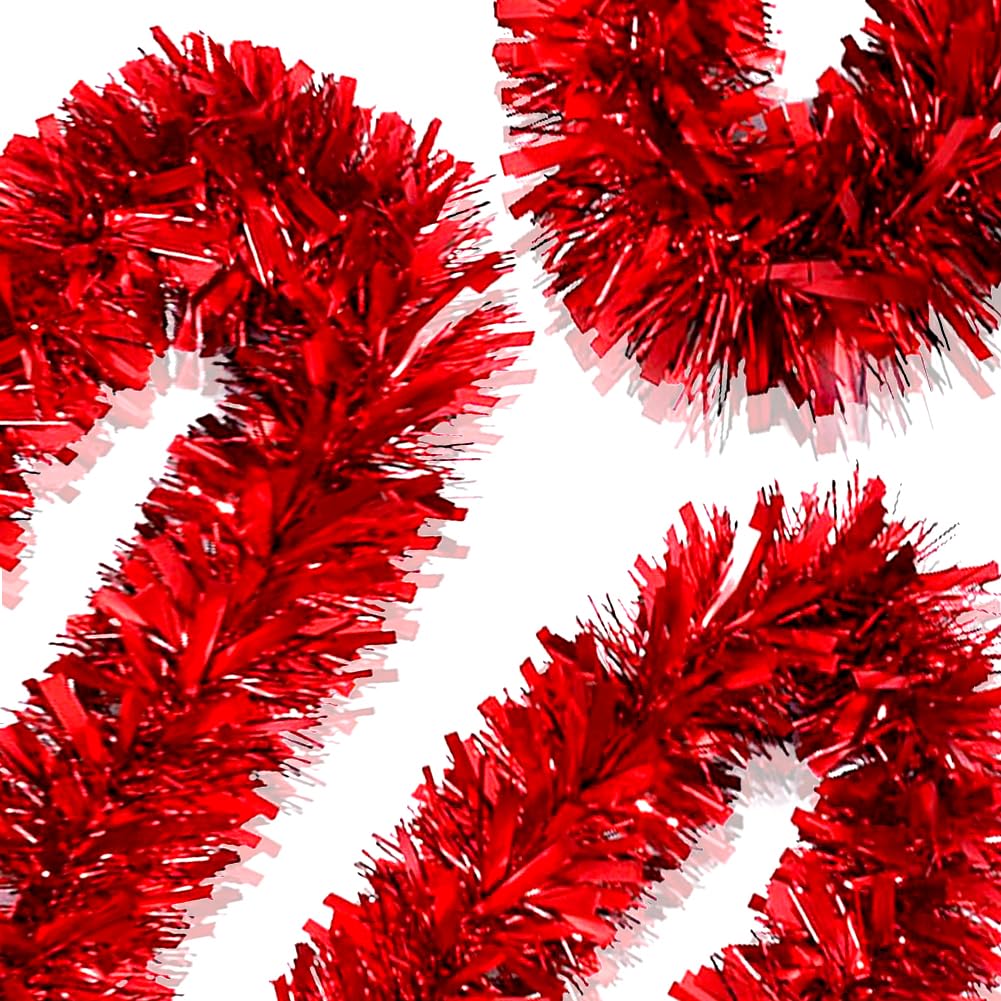 Psoeksdo 33Ft Christmas Tinsel Garland Xmas Tree Decorations Shiny Thick Red Metallic Twist Garland Ceiling Hanging Decor for Xmas New Year Birthday Party Indoor Outdoor Supplies-Red