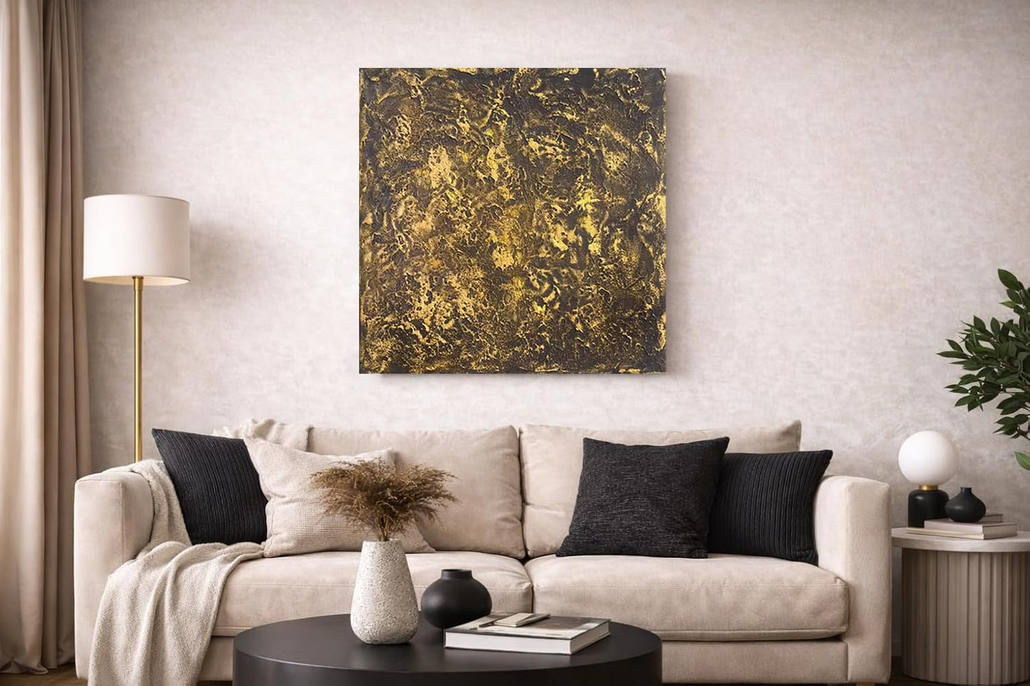 Rinsiken Hand Painted Black and Gold Abstract Wall Art 24x24 Inch Cotton Canvas Painting Ready to Hang Modern Decor for Living Room Office