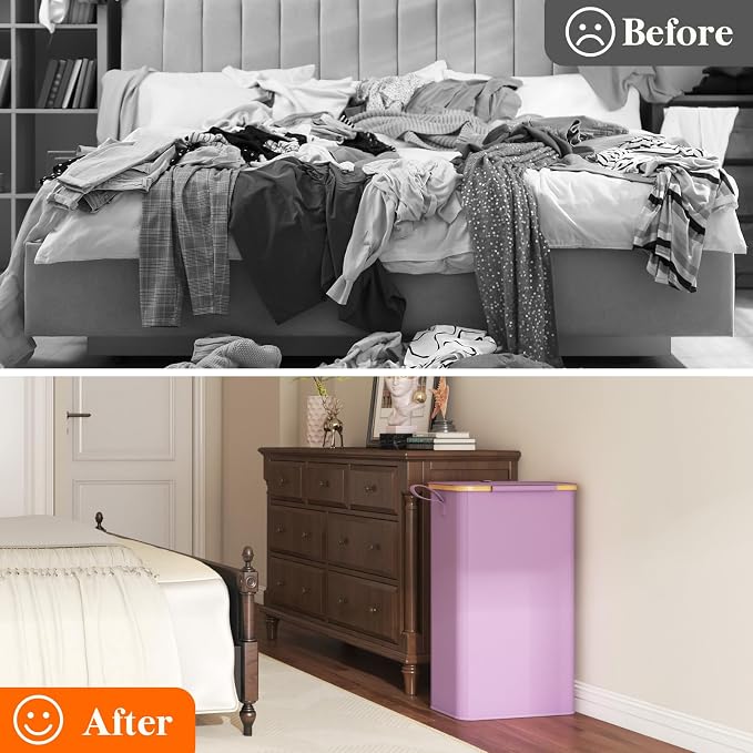 Lifewit 75L Slim Laundry Hamper with Lid, Narrow Laundry Basket with Removable Bag & Bamboo Handles, Fodable Thin Dirty Clothes Hamper for Laundry Collapsible Bin for Bathroom Bedroom Dorm, Purple