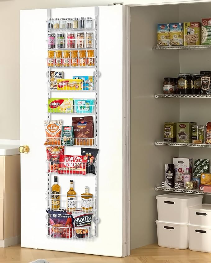 VEVOR Over the Door Pantry Organizer, 9-Tier Pantry Organization and Storage, Heavy-Duty Steel Hanging Spice Rack, Adjustable Wall Seasoning Shelves, for Home Kitchen Laundry Room Bathroom, White