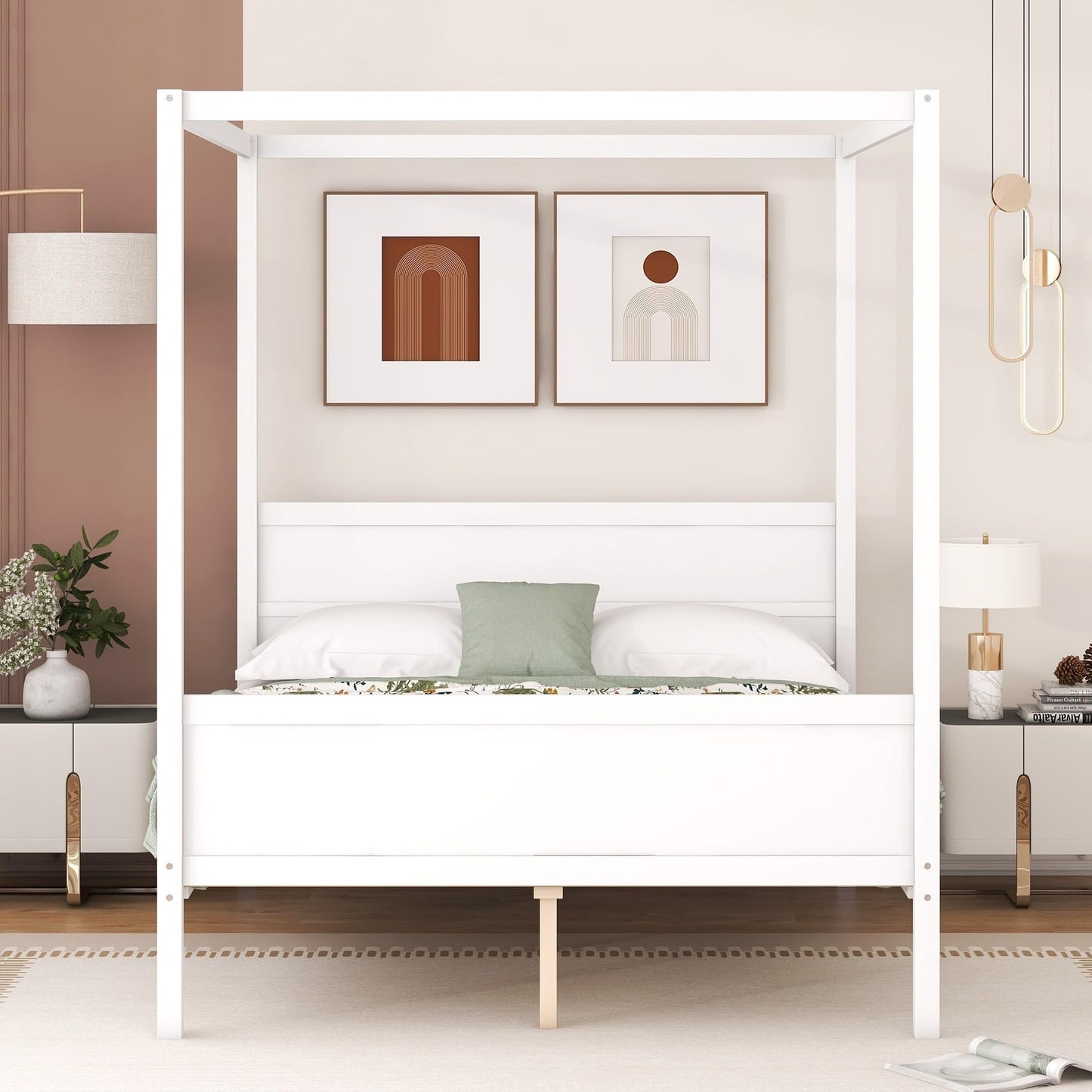 GDFStudio Queen Size Canopy Bed Frame, Wood Platform Canopy Bed Queen with Headboard and Footboard, Four Poster Canopy Bed Frame with Slat Support, No Box Spring Needed, Easy Assembly, White
