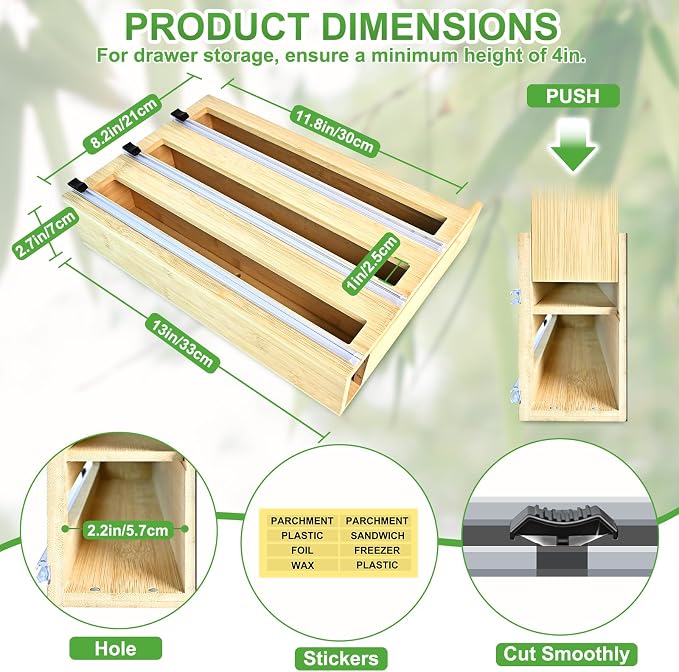 MSJGA Magnetic Plastic Wrap Dispenser with Cutter, 3 in 1 Refrigerator Bamboo Organizer for Tin Foil, Baking Paper, Wax Paper Holder Kitchen Storage Box Compatible