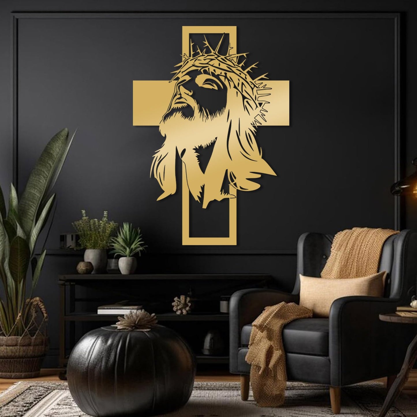 kawazu Metal Jesus Cross Wall Art, Christian Metal Wall Art, Jesus Cross Home Decor, Crosses Hanging, Large Crucifix Decorations for Church (Black, 30"x21"/76x54cm)