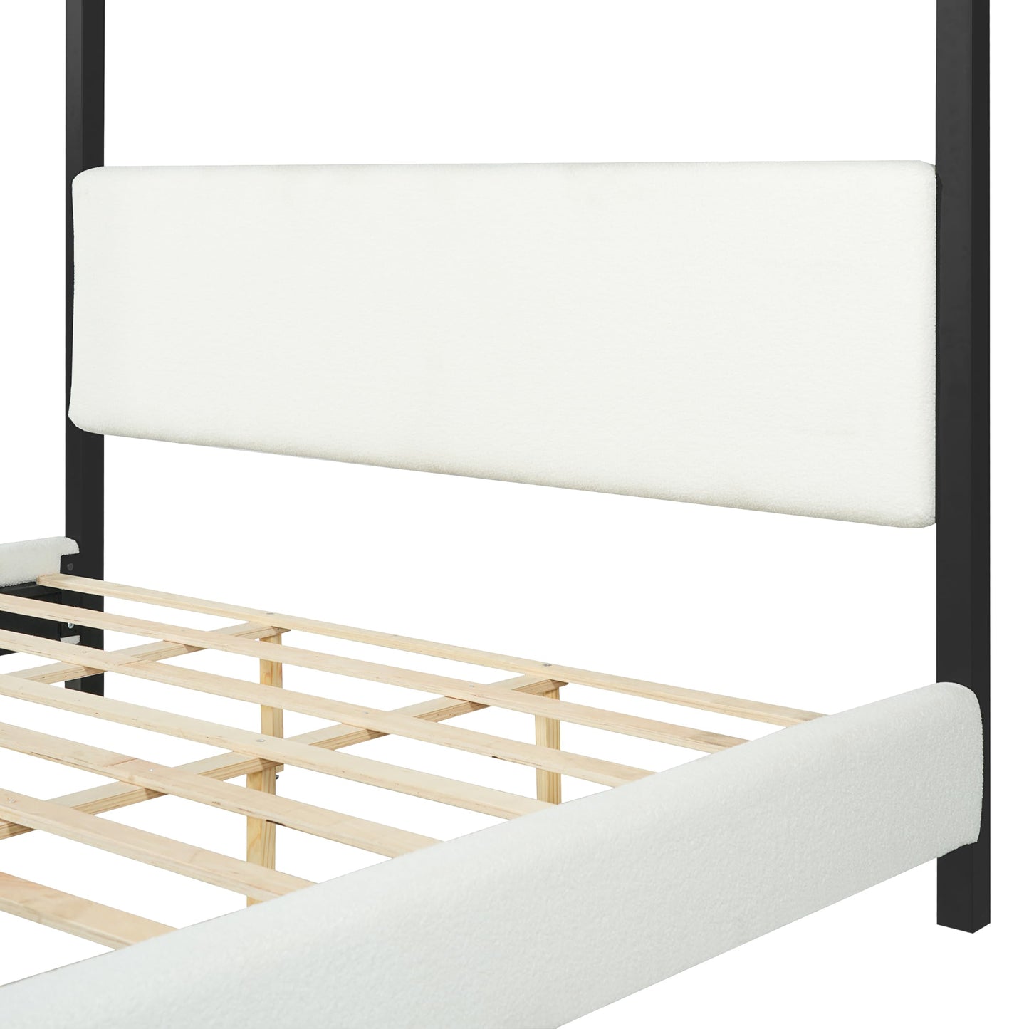 Merax King Size Modern Canopy Bed Frame, Merax Black Metal Platform Bed with Bouclé Upholstered Headboard, Four-Poster Design Wooden Slats Support Bedroom Bed Frame
