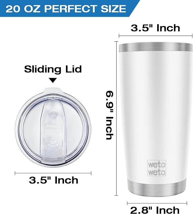 WETOWETO 20oz Insulated Stainless Steel Tumbler, Double Wall Vacuum Leak-proof Travel Coffee Mug, Powder Coated Water Cup (White, 1 Pack)
