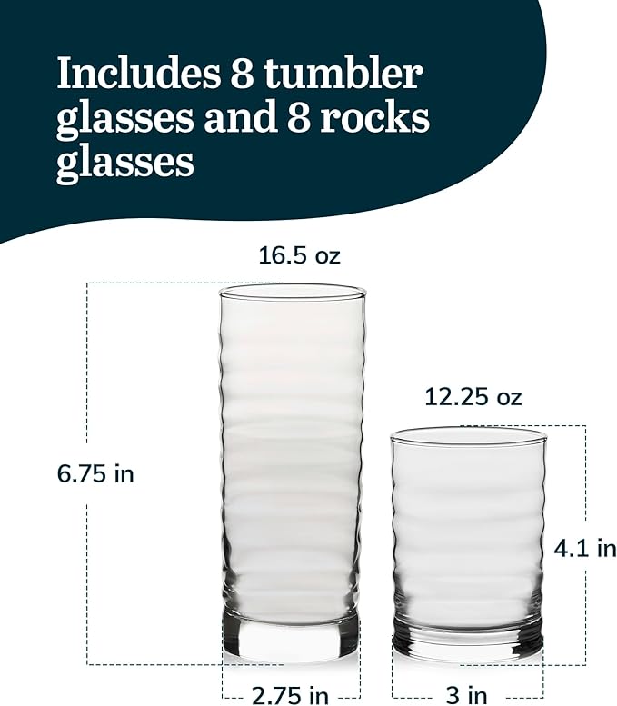 Libbey Pueblo Tumblers and Rocks Glass Cups Set, Wavy and Groovy Drinking Glasses Set of 16, Dishwasher Safe Modern Glassware for Everyday Use