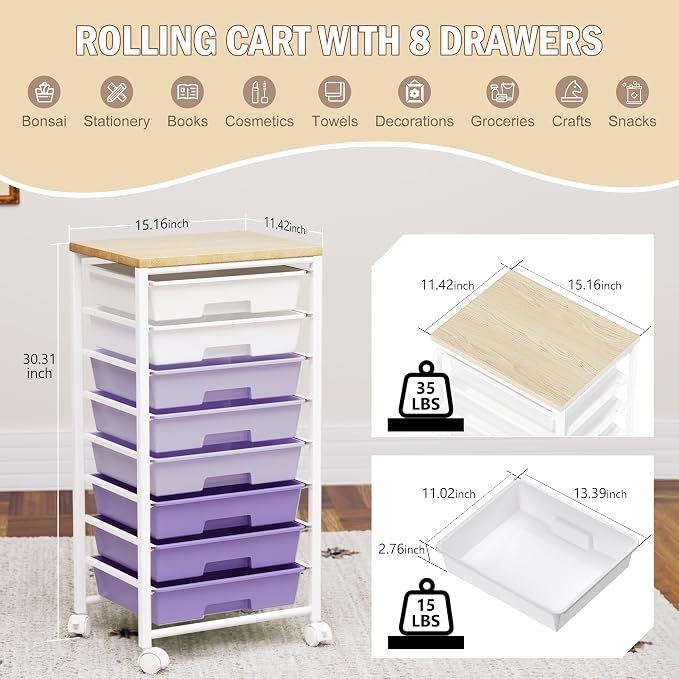 Rolling Cart with 8 Drawers, Storage Drawers Cart with Wooden Tabletop and Lockable Wheels, Craft Storage for Living Room, Office, Classroom, Craft Room, Bedroom (Purple)