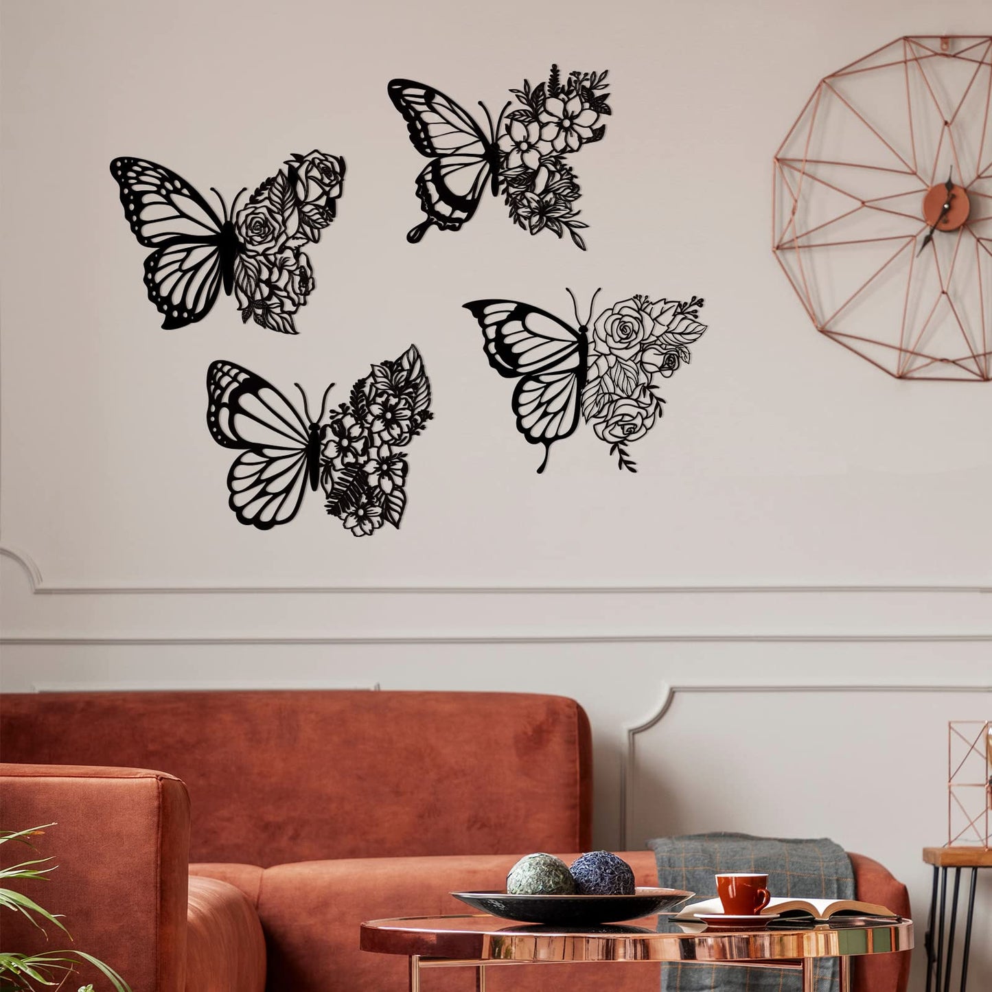 Pelopy 4 Pcs Butterfly Metal Wall Decor Boho Butterfly Decoration Wall Art Iron Hanging Wall Decor Flower Wall Art for Bedroom Living Room Home Wall Indoor Outdoor Farmhouse Black