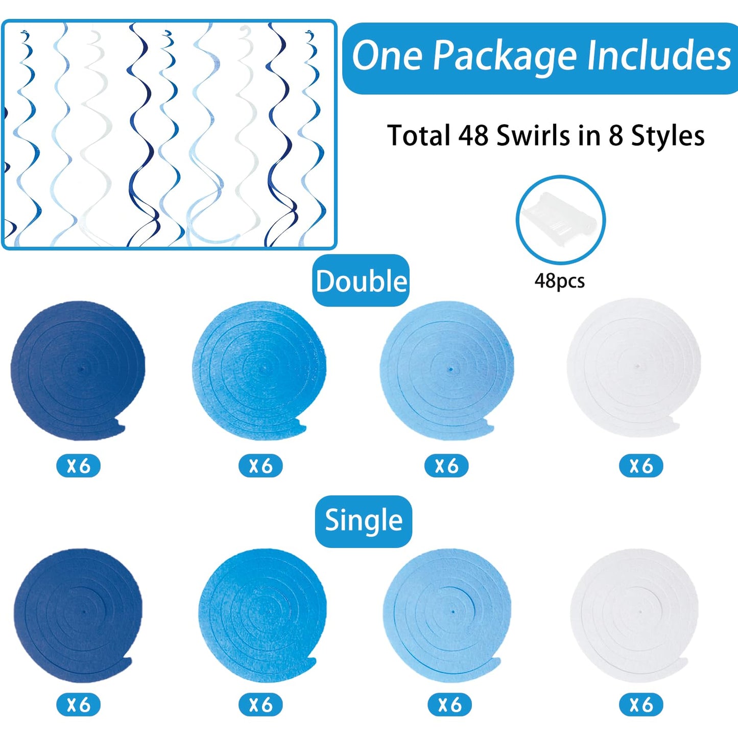 48 Pcs Blue Hanging Swirl Party Decorations Ombre Blue Felt Ceiling Spiral Streamers with Hooks for Birthday Wedding Baby Shower Graduation Party Supplies