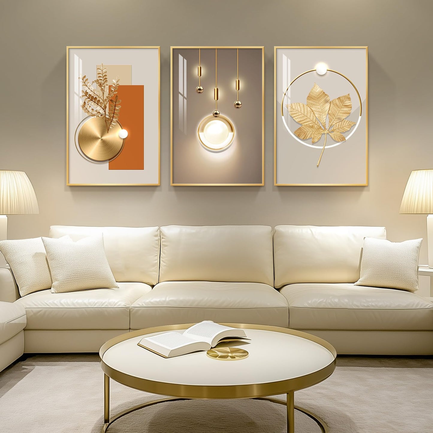 Framed Modern Luxury Gold Large Wall Art for Living Room, Set of 3 Piece Contemporary Paintings Artwork for Walls, Golden Prints with Gold Frame, Big Pictures for Hallway Office Wall Decor 24x36 Inch