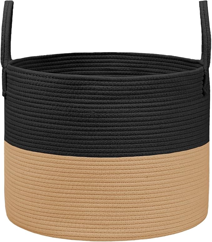 JMvicyroam 65L Extra Large Blanket Basket for Living Room - Woven Cotton Rope Laundry Hamper with Reinforced Handles - Storage Bin for Pillows, Comforters & Toys - Machine Washable,Black&Jute