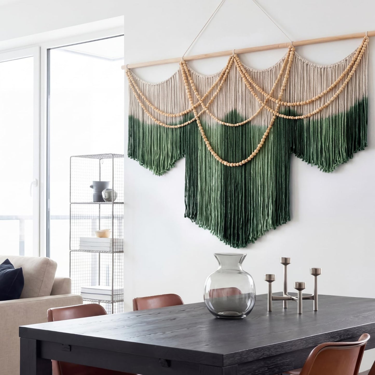 CrystalSylara Large Macrame Wall Hanging Boho Wall Decoration Art, 57" W x 43" L Green & Cream Fiber Dip-dyed Tapestry Handwoven Fiber and Wood Beads Decor for Bedroom Living Room Home Decor