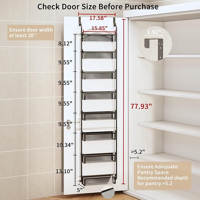 Over the Door Pantry Organizer, 8-Tier Pantry Door Organization and Storage, Over the Door Spice Rack, Home & Kitchen Storage Shelves for Cabinet, Black