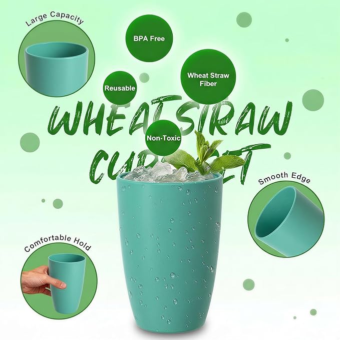 20 OZ Large Wheat Straw Cups Set of 6, Unbreakable Reusable Plastic Cup Alternative, Dishwasher Safe Drinking Cups & Tumblers for Kitchen, Outdoor, Green