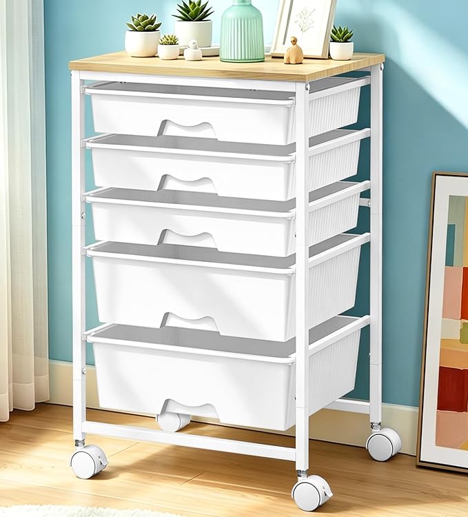 SUNALLY Rolling Carts With 5 Drawers, Storage Drawer Carts with Wooden Tabletop and 2 Lockable Wheels, Rolling Utility Cart for Craft Art Supply Storage & Home Office Organization, White