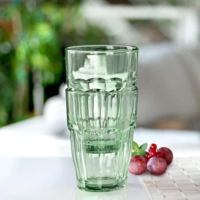 Bormioli Rocco Rock Bar 12.5 oz. Long Drink Stackable Tempered Beverage Glasses for Cold Drinks, Water, and Cocktails, Set of 6, Mint Green