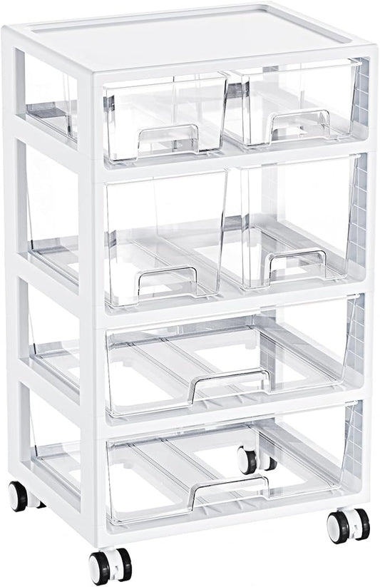 Vtopmart Plastic Drawer Storage Orangizer, 4 Tier 6 Drawers with Wheels for Office Supplies, Art Crafts, Under Desk Storage for Office, Bathroom, Dresser, 1 Pack/Clear