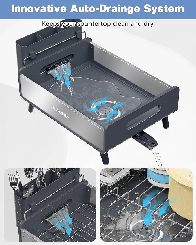 Dish Drying Rack with Drain Board, 304 Stainless Steel Core, Aluminum Rustproof Frame, Anti-Slip Elevated Feet, Removable Adjustable Spout, Utensil Holder, Gray