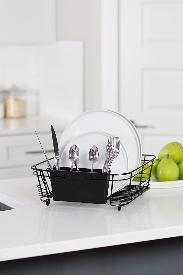 Better Houseware in-Sink Dish Drying Rack, Coated Steel, Black, 14.5 x 13 x 5 Inch, 2-Piece Set with Removable Utensil Caddy and Non-Slip Handles